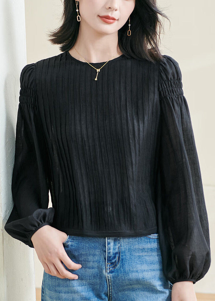 Original Design Black O-neck Wrinkled Top Fall