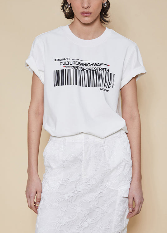 White O Neck Print Cotton T Shirts Summer