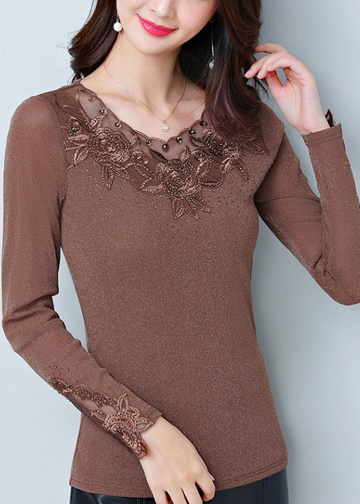 Coffee O Neck Patchwork Tulle Blouse Tops Spring