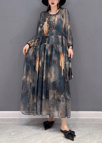 O-neck Print Tulle Patchwork Wrinkled Chiffon Dresses Long Sleeve