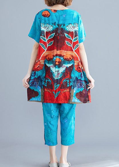 Blue O-neck Print Cotton Two Pieces Set Summer