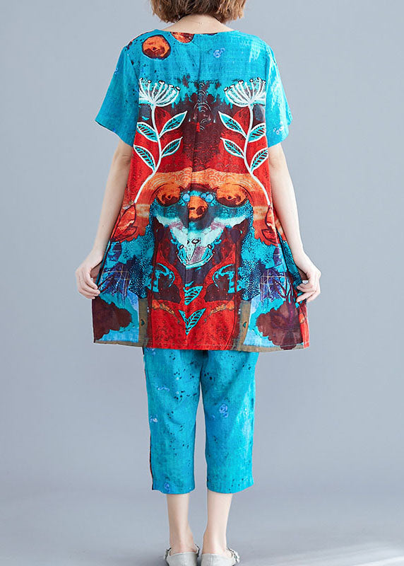 Blue O-neck Print Cotton Two Pieces Set Summer