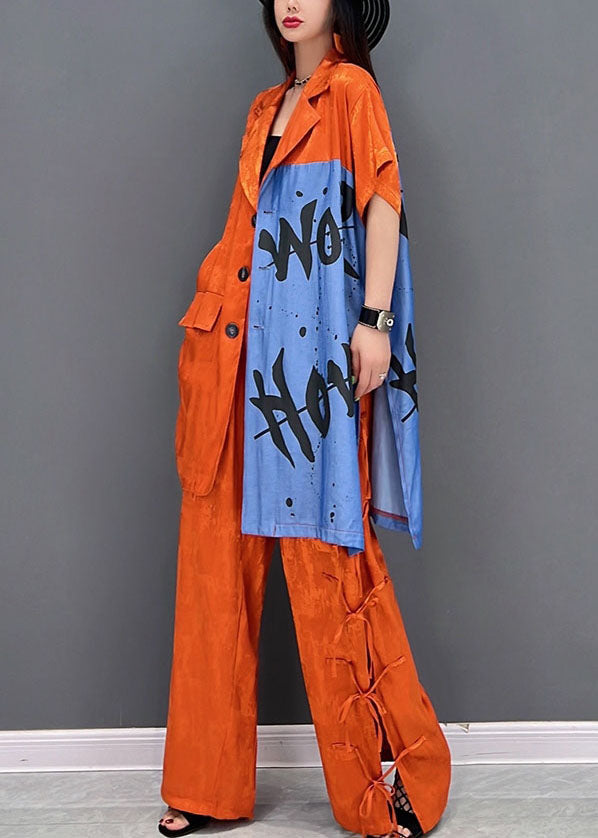 Orange Patchwork Cotton Two Piece Set Clothing Peter Pan Collar Spring