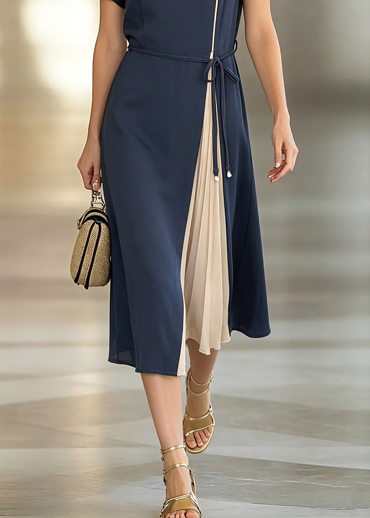 Stylish Dark Blue O-neck Asymmetrical Patchwork Tie Waist Chiffon Maxi Dresses Short Sleeve