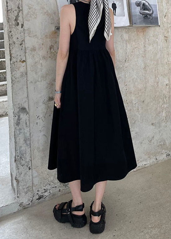 Black Wrinkled Patchwork Cotton a Line Dress O Neck Sleeveless