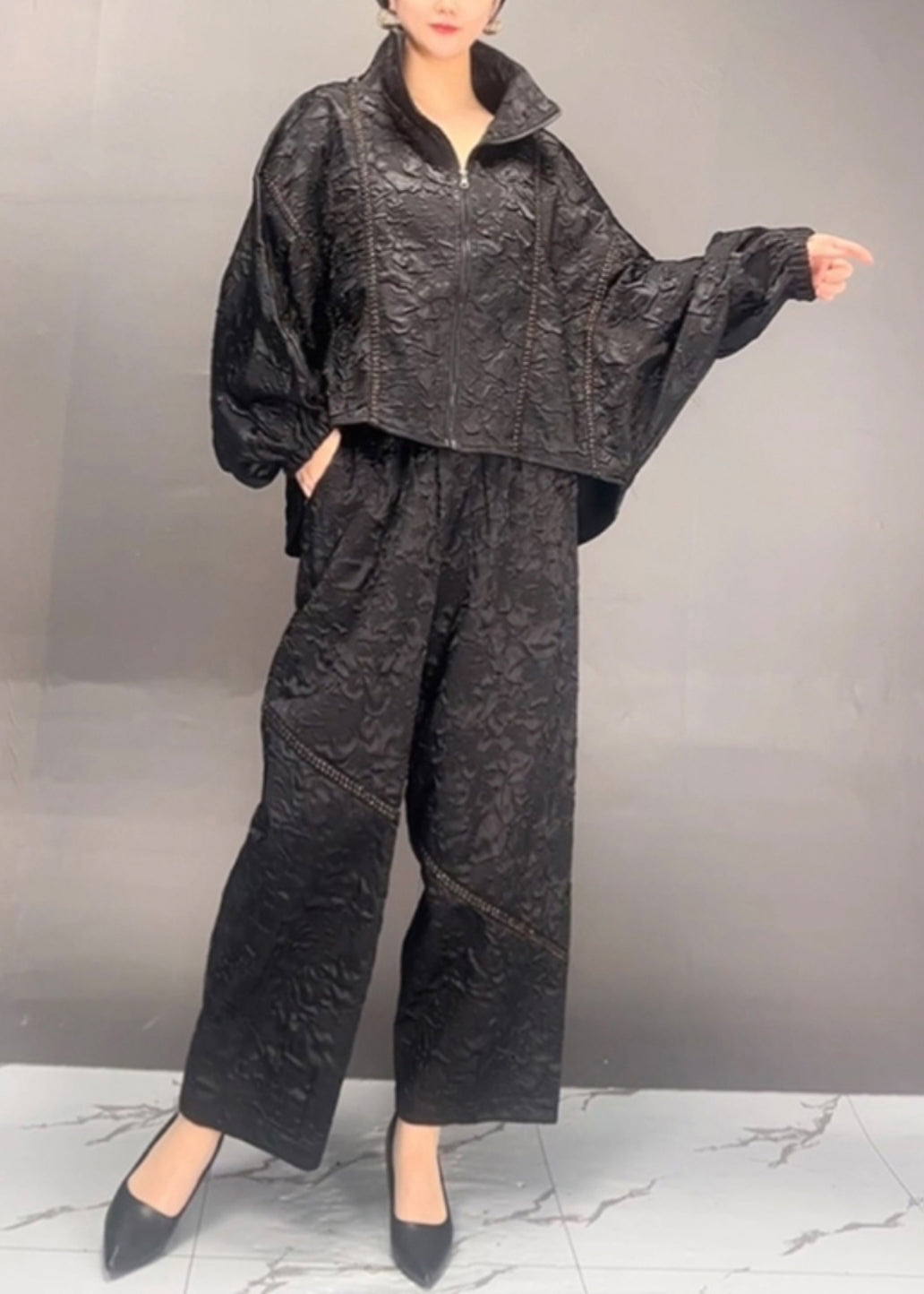 Red Stand Collar Patchwork Cotton Two Piece Set Fall