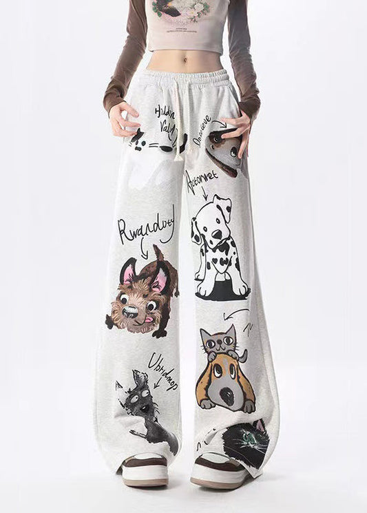 New Dog Print Warm Fleece High Waist Sports Wide Leg Pants Spring
