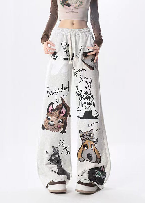 New Dog Print Warm Fleece High Waist Sports Wide Leg Pants Spring