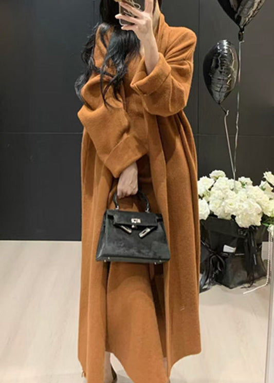 Caramel V Neck Knit Long Coats and Long Dress Two Pieces Set Fall