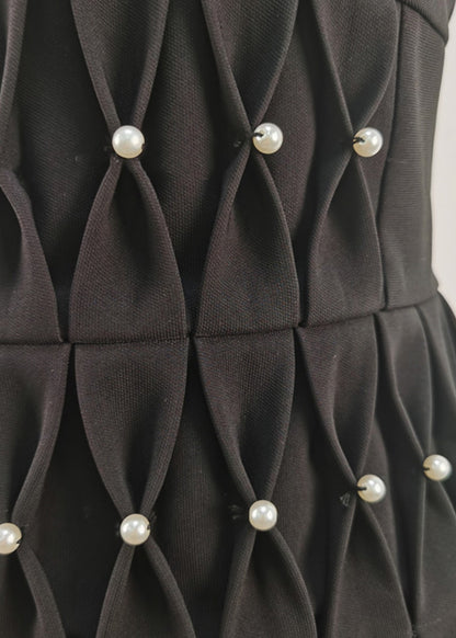 Black Zircon Pearl Cotton Pleated Dresses Sleeveless