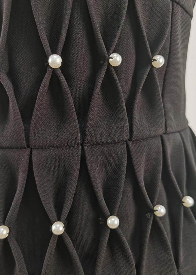 Black Zircon Pearl Cotton Pleated Dresses Sleeveless