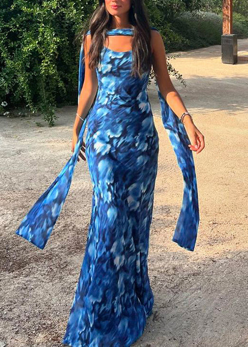 Blue Backless Print Tulle Spaghetti Strap Dress Summer