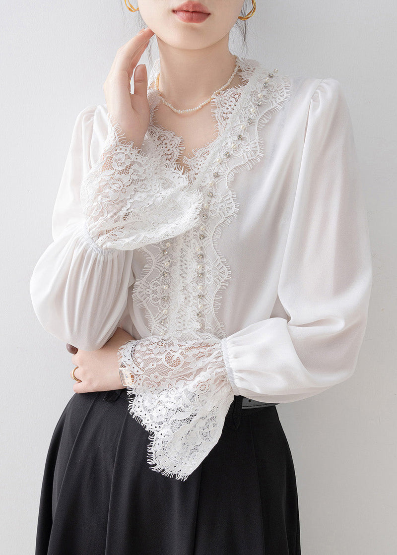 White V Neck Lace Patchwork Chiffon Top Spring