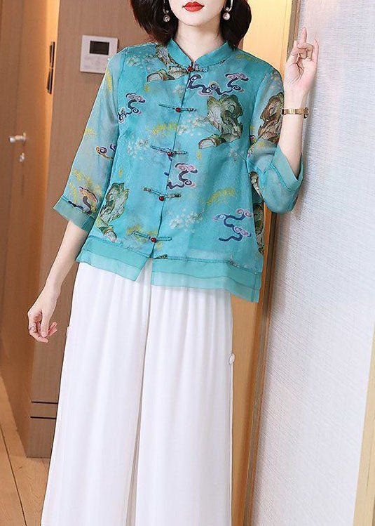 Blue Stand Collar Print Chinese Button Patchwork Linen Tops Summer