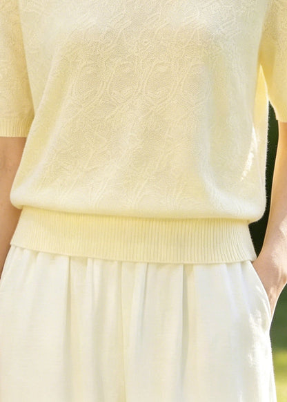 Boutique Beige Jacquard Handmade Knit Shirt Top Summer
