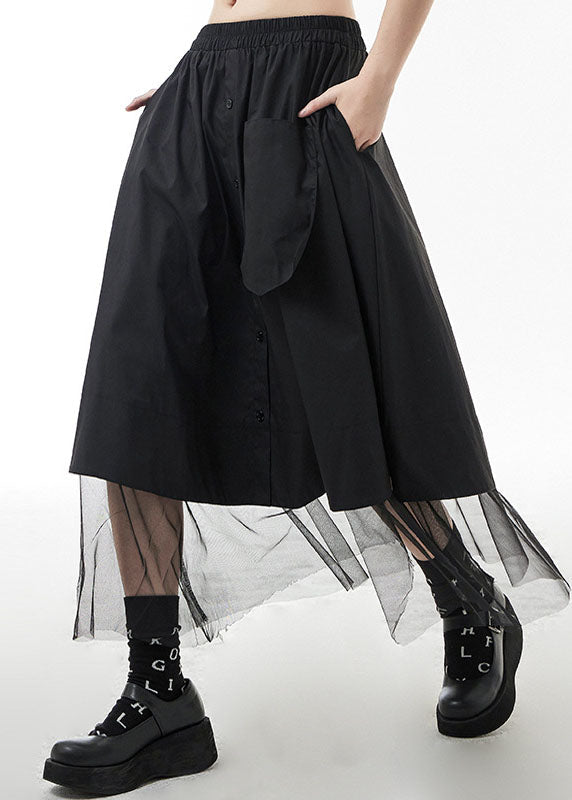 Natural Black Elastic Waist Pocket Tulle Patchwork Skirts Spring