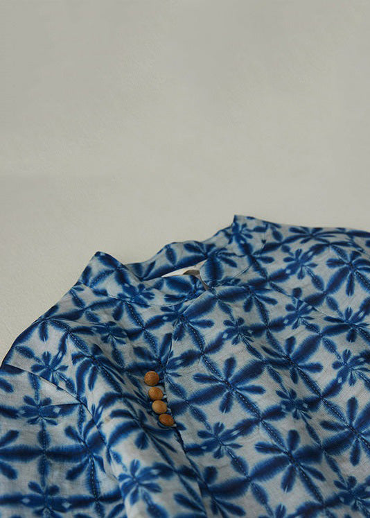 Chinese Style Blue Button Print Pockets Linen Dresses Half Sleeve Summer