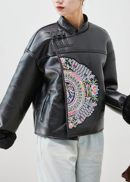 Art Black Embroideried Warm Fleece Faux Leather Coat Winter