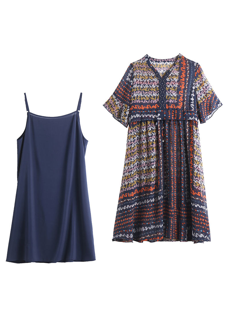 Navy V Neck Print Chiffon Maxi Dress and Slip Dress Two Pieces Set Half Sleeve