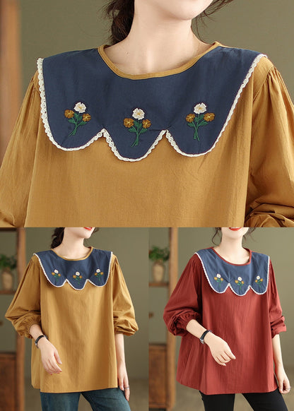 Yellow Lace Cotton T Shirt O Neck Long Sleeve