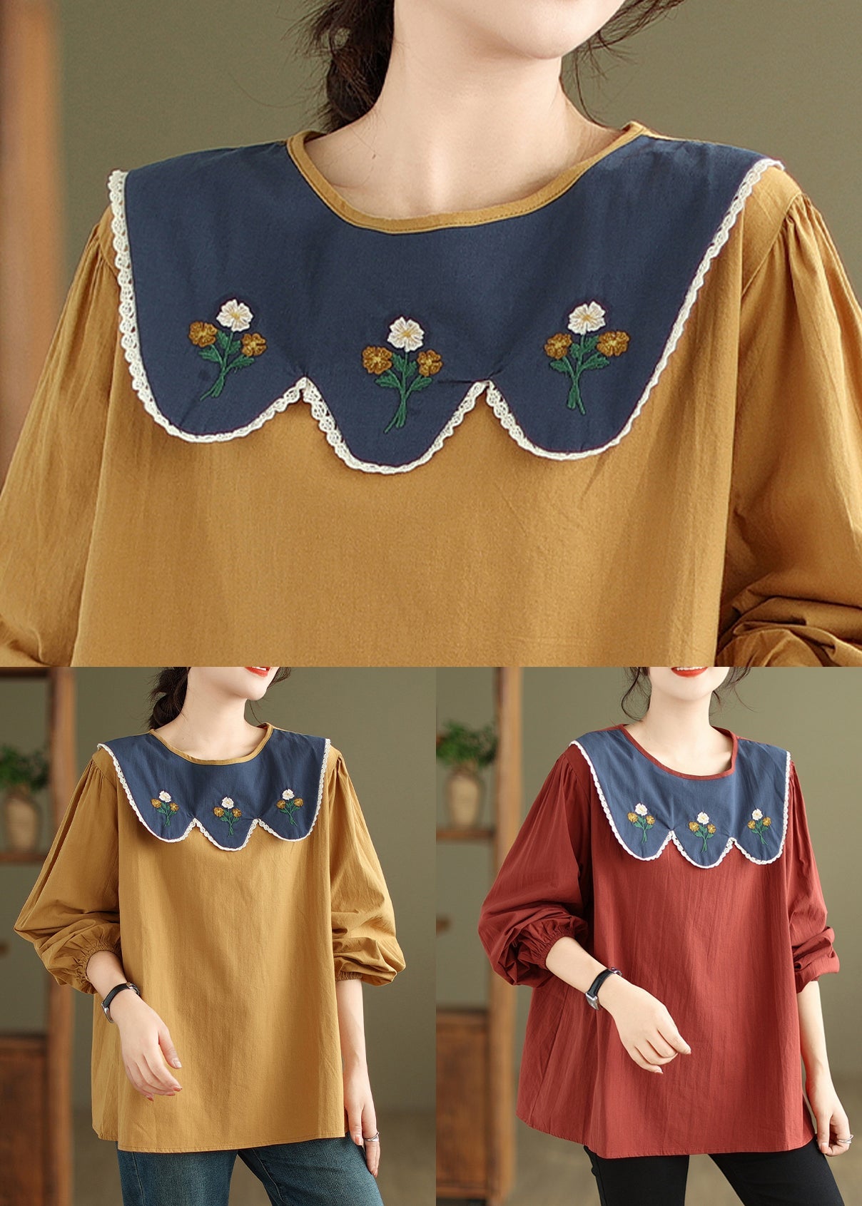 Rust Embroideried Patchwork Cotton Top Fall