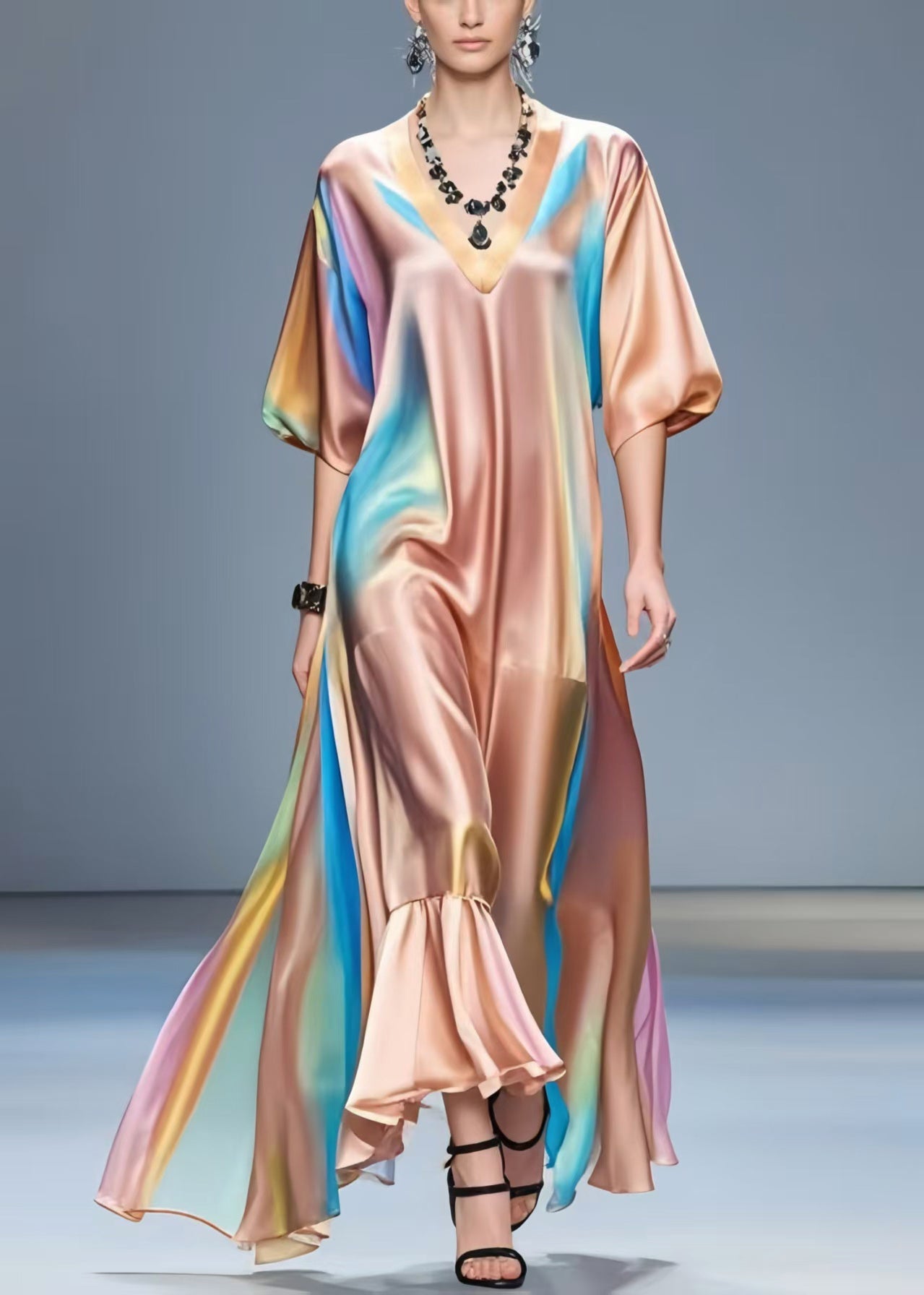 V Neck Tie Dye Silk Vacation Dresses Half Sleeve Summer