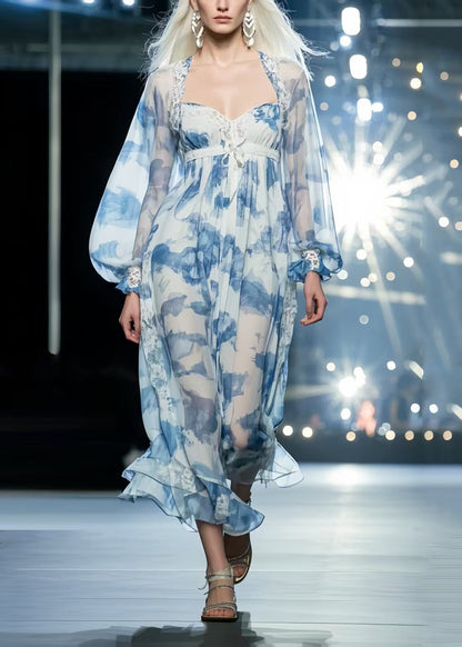 Sky Blue Print Draping Chiffon Vacation Dresses Summer