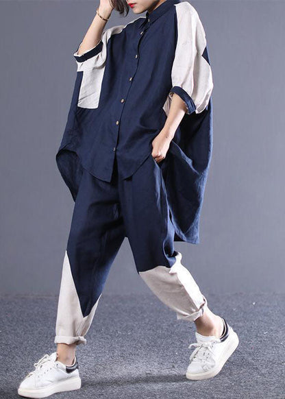 Navy Oversized Patchwork Cotton Two Pieces Set Batwing Sleeve