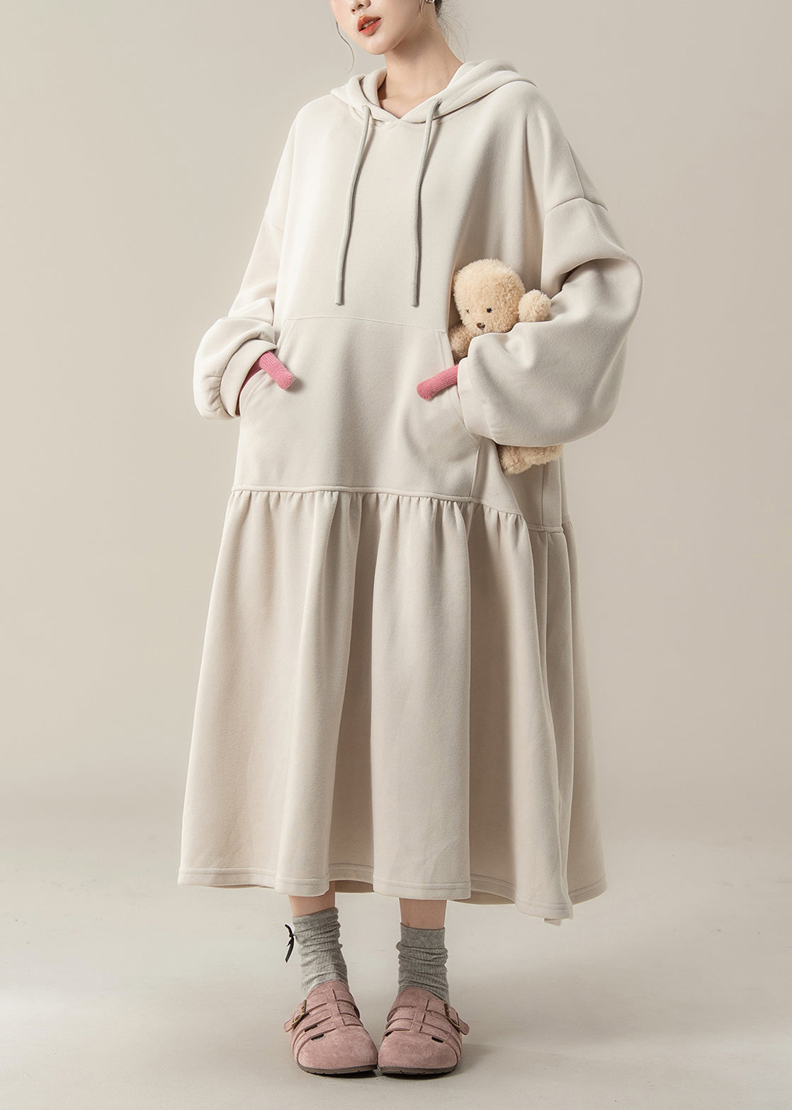 Apricot Patchwork Cotton Hooded Dresses Fall
