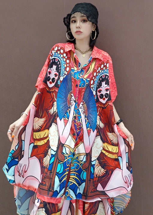 Boutique Red Peter Pan Collar Print Two-piece Set Short Sleeve