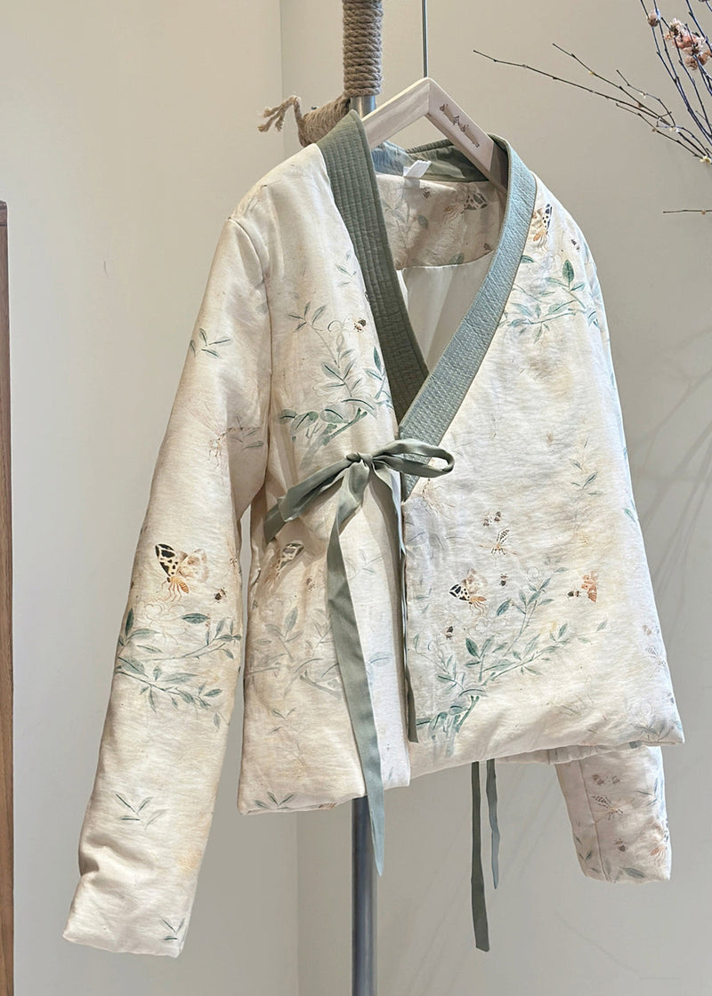 Beige V Neck Lace Up Fine Cotton Filled Coats Spring