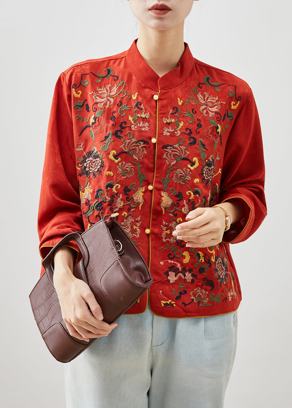 Red Mandarin Collar Embroideried Silk Shirt Top Fall