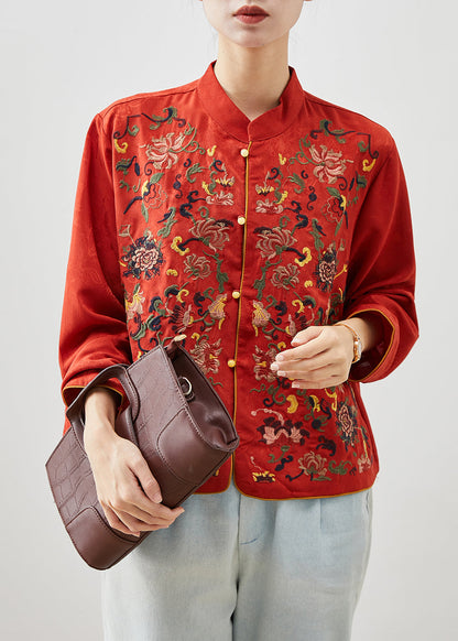 Red Mandarin Collar Embroideried Silk Shirt Top Fall