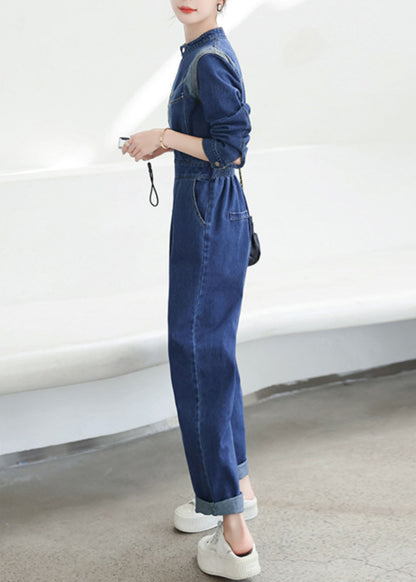 Natural Dark Blue O-neck Patchwork Flattering Denim Jumpsuit Fall