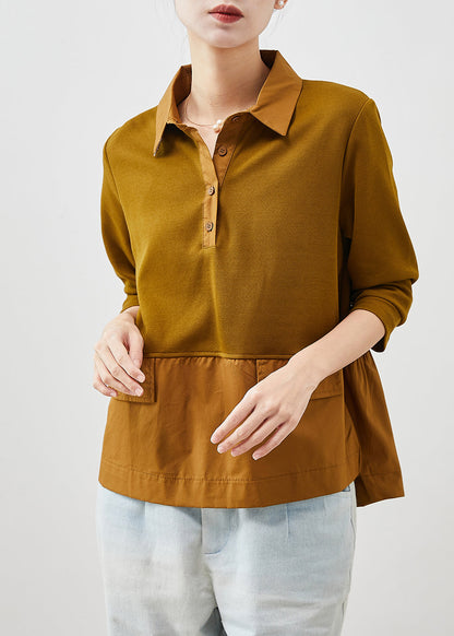 Brown Ruffled Patchwork Cotton Shirts Spring