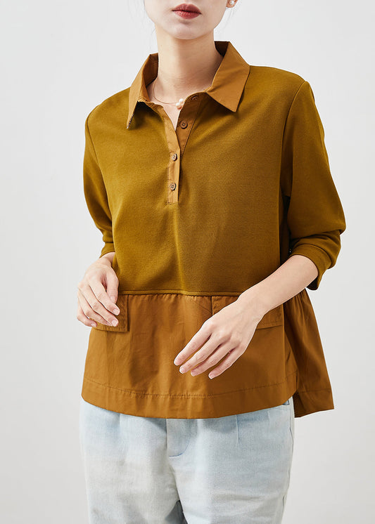 Brown Ruffled Patchwork Cotton Shirts Spring
