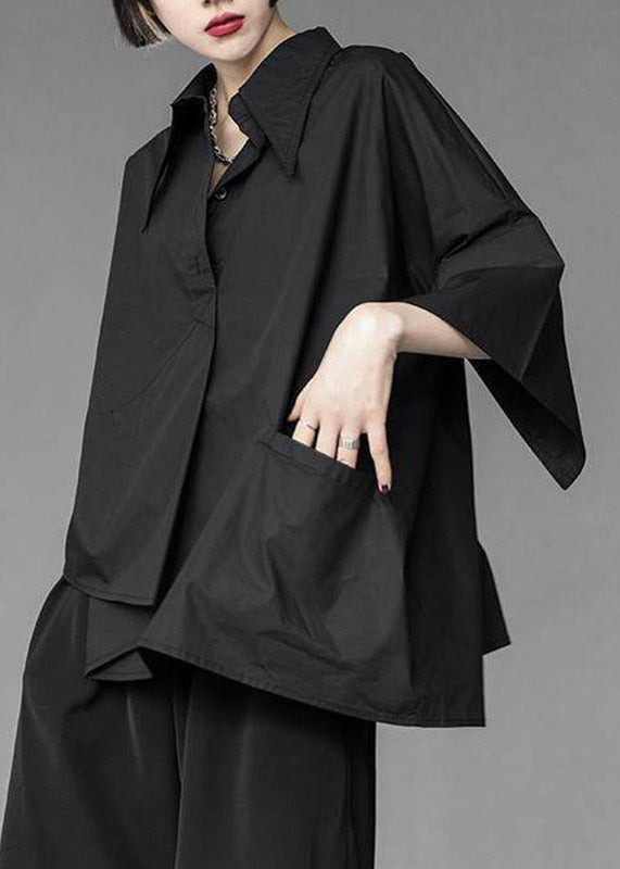 Loose White Peter Pan Collar Asymmetrical Shirts Three Quarter Sleeve
