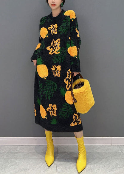 Black Jacquard Mink Hair Knitted Long Dress O-neck Oversized Winter