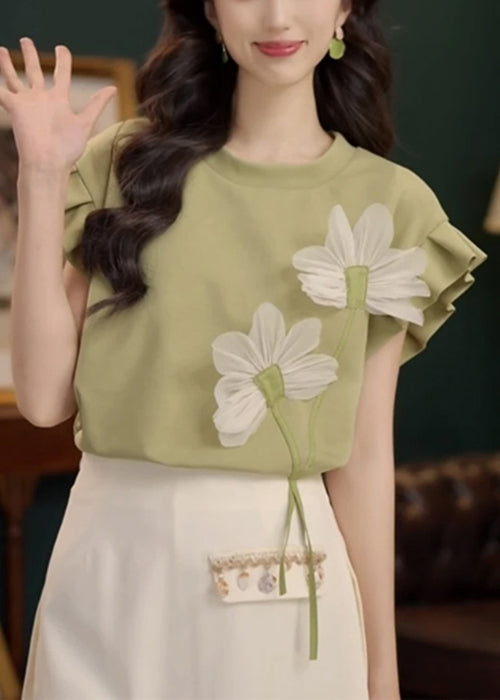 Green Patchwork Cotton Summer T Shirt O Neck