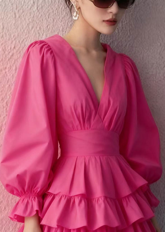 Rose Cotton Mini Dress Puff Sleeve Deep-v Neck