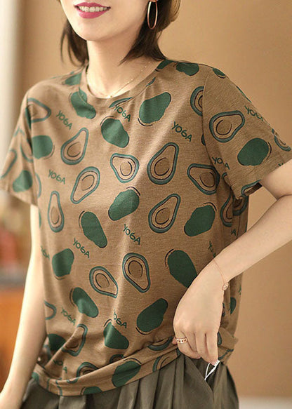Original Design Dark Khaki O-neck Print Cotton Tank Top Short Sleeve