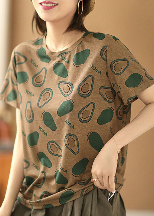 Original Design Dark Khaki O-neck Print Cotton Tank Top Short Sleeve