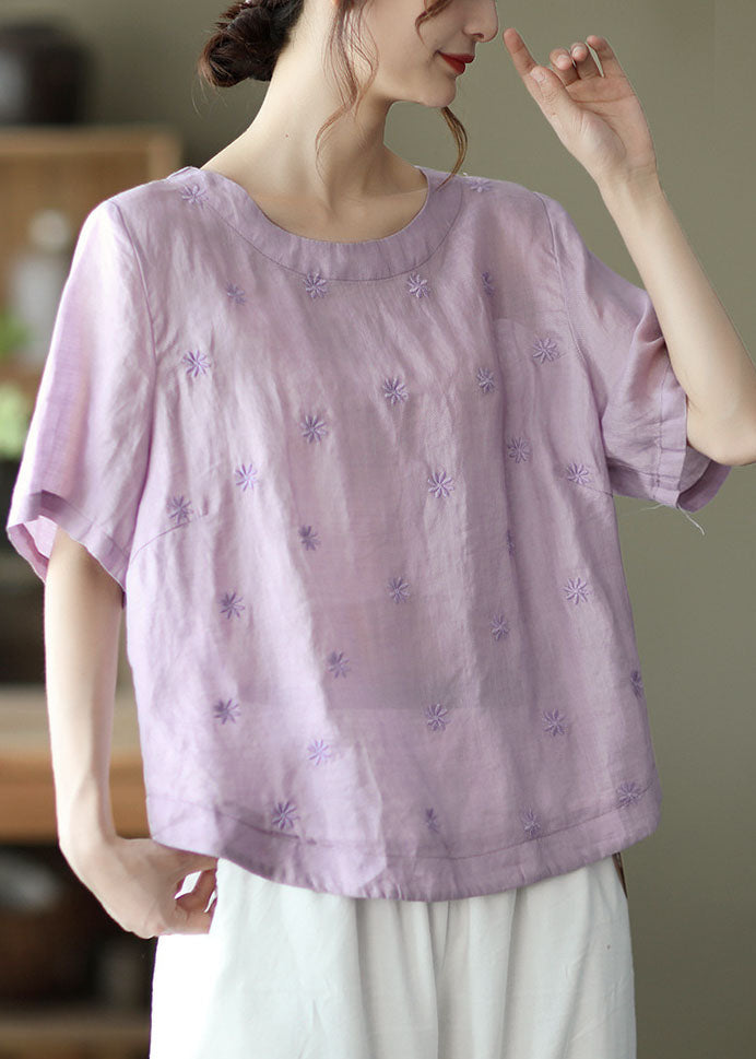 Light Purple Embroideried Linen Shirts Short Sleeve
