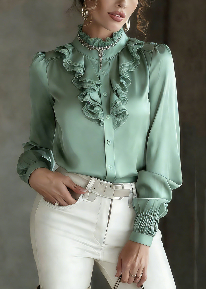 Green Ruffled Patchwork Silk Shirt Lantern Sleeve
