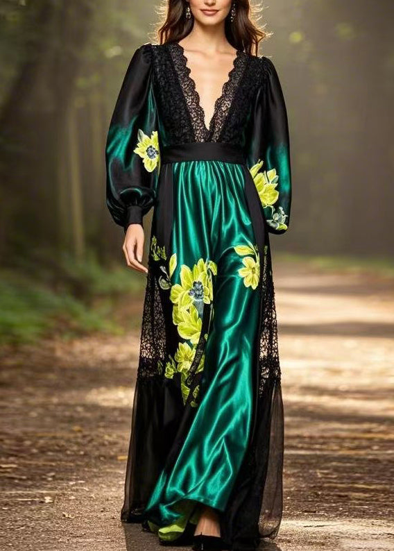 Black Print Pockets Patchwork Silk Long Dresses Spring