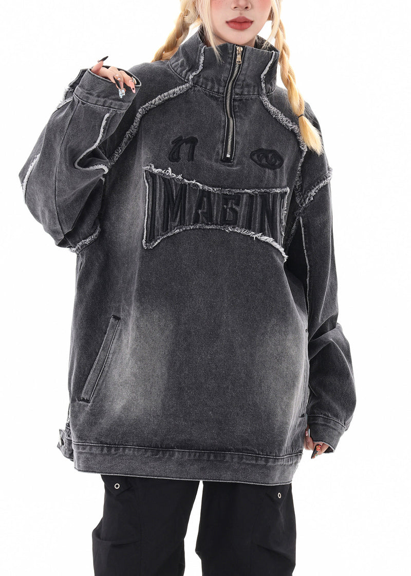 Grey Oversized Stand Collar Embroidered Denim Pullover Coats Spring