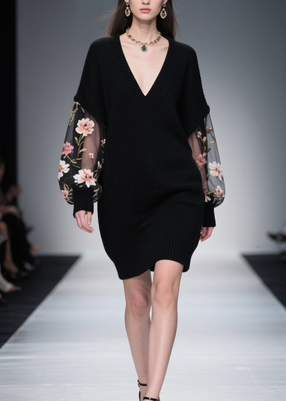 Italian Black Tulle Patchwork Knitwear Dress Fall