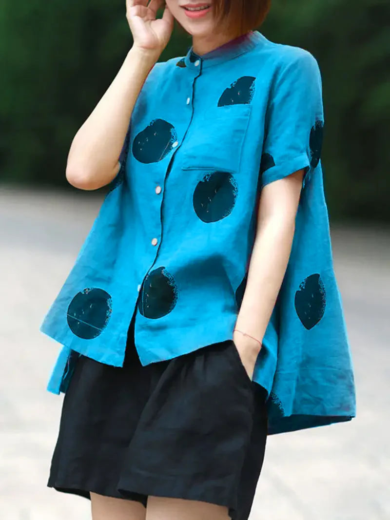 Red Dot Print Patchwork Linen Top Button Stand Collar Summer