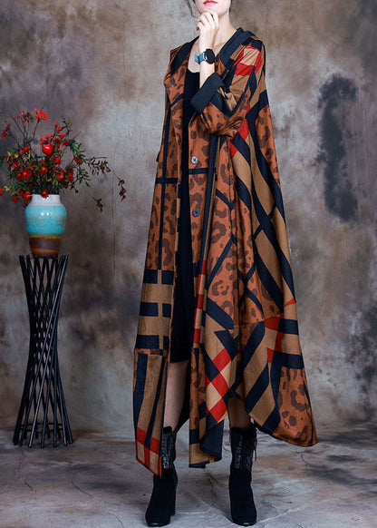 Organic Chocolate Hooded Button Print Patchwork Trench Coats Spring
