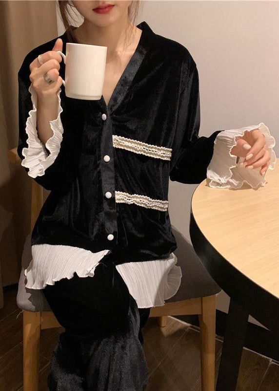 Black V Neck Lace Patchwork Silk Velvet Two Pieces Set Spring